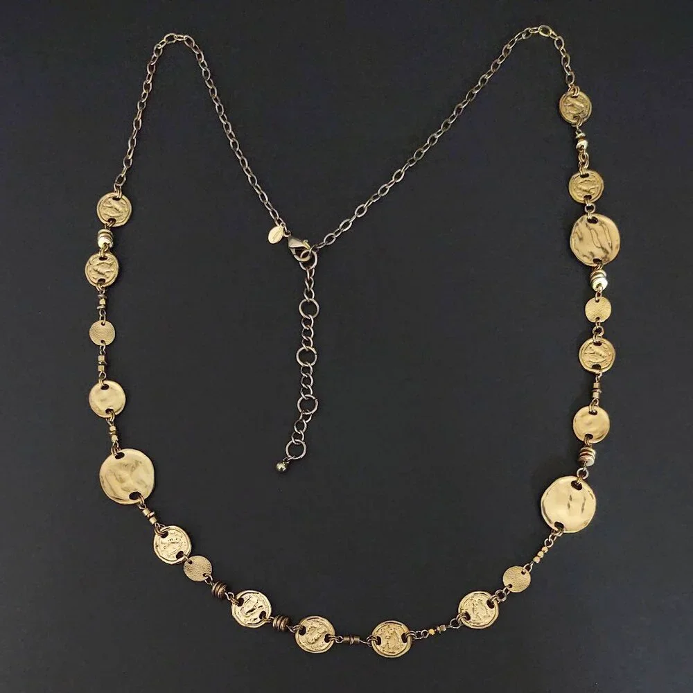 Long gold tone disk single strand necklace - Picture 5 of 12
